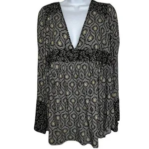 FREE PEOPLE Rolling Hills Mixed‎ Media Empire Waist Tunic Top EUC Size S thumbnail 2