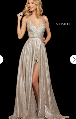 Sherri Hill Champagne Sparkle Plunging A-Line Gown thumbnail 1