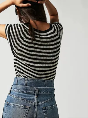 FREE PEOPLE Slinky Baby Tee Black White Striped - Size Large thumbnail 6
