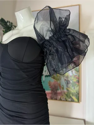 Black Ruched Bodycon Mini Dress Sweetheart Organza Ruffle Sleeves Size Small thumbnail 4
