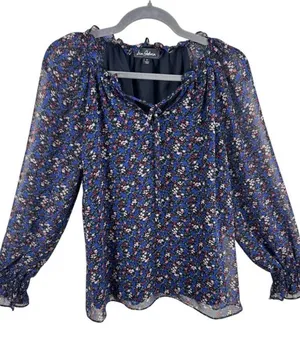 Sam‎ Edelman Tie Neck Woven Lined Blue Floral Ruffled Long Sleeve Blouse Size M thumbnail 1