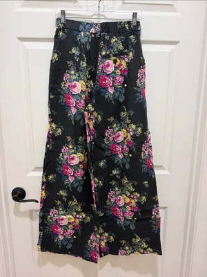 Maeve by Anthropologie Avery Black Floral Rose Wide-Leg Pants Linen Trousers XS thumbnail 6