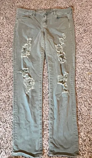 American Eagle Super Stretch Jeggings Olive Green Distressed Ripped Size 14‎ Reg thumbnail 1