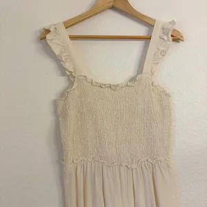 H&M Linen Blend Smocked Jumpsuit Small Wide Leg Beachy Coastal Minimalist‎ Beige thumbnail 3