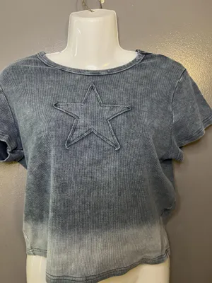 Star Applique Shirt Womens Large Blue Washed Ribbed Cropped Short Sleeve Tee Top thumbnail 1
