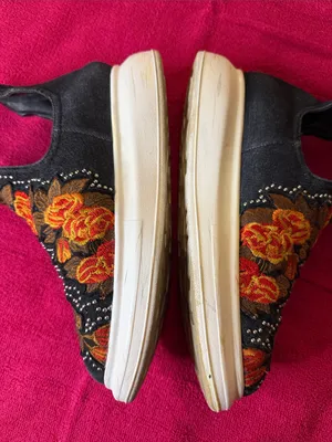 Jeffrey Campbell Black Slip-On Sneakers with Orange and Yellow Floral Embroidery thumbnail 6