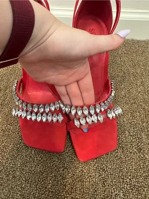 Schutz Red Embellished High Heels Strappy Square Toe Size 7.5 Women's thumbnail 3