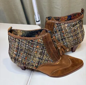 Irregular Choice Brown Suede Tassel Ankle Booties with Tweed Panels thumbnail 1