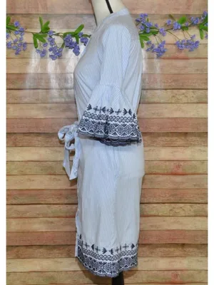 Cremieux Womens SZ 0 Blue White Striped Embroidered Bell Sleeve Tie Waist Dress thumbnail 8
