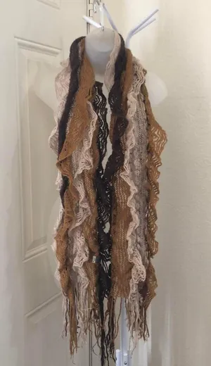 Vintage Cottagecore Whimsical Cream brown crochet scarf with ruffles and fringe #boho #festival thumbnail 3