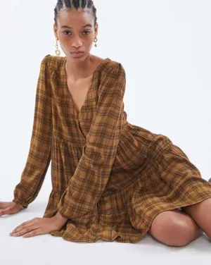 NWT Urban Outfitters Plaid Long Sleeve Babydoll Dress Small thumbnail 1