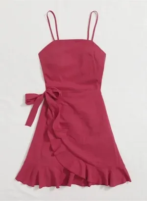 Red Tied Open Back Ruffle Trim Wrap Front Cami Dress L thumbnail 1