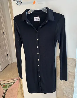 Princess Polly Black Ribbed Button-Up Mini Dress thumbnail 1
