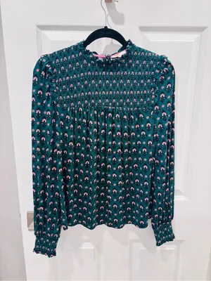 Boden Green Smocked Floral Blouse size 8 thumbnail 3