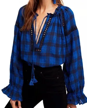 Free People Honey Grove Blue Checked Top thumbnail 1