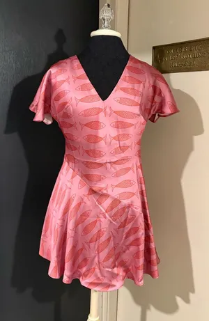 Anthropologie Pink Fish-Print V-Neck Mini Dress in Silky Satin thumbnail 1