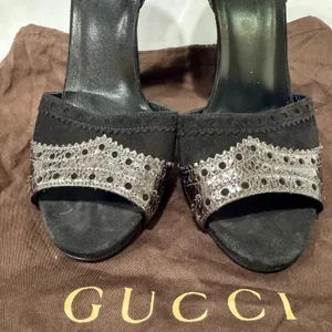 Gucci Black Suede Metallic Python Brogue Ankle-Strap Heels EU 39 thumbnail 3