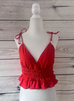 Sim & Sam Red-Orange V Neck Tie Shoulder Crop Top thumbnail 1