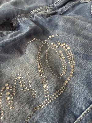 True Religion Blue Flare Jeans with Rhinestone Script thumbnail 4