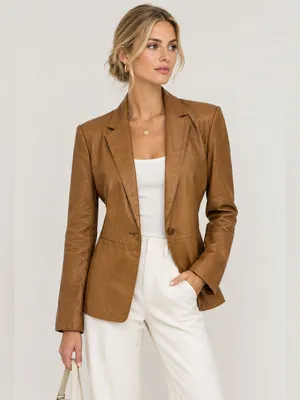 Vintage Kenneth Cole Leather Jacket Blazer Small Camel Brown Y2K Minimal Chic thumbnail 2