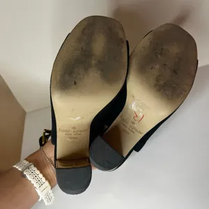 Kate Spade Black suede peep toe gold block heeled sandals WOMENS 6.5 thumbnail 7