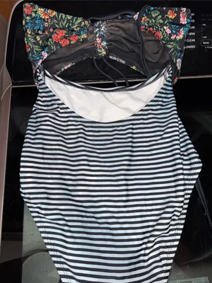 Time and Tru Black Striped One-Piece Swimsuit with Floral Bust thumbnail 3