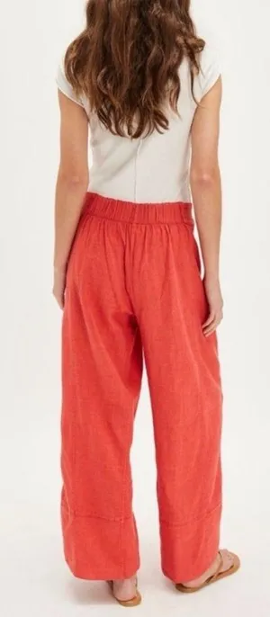 NWOT Free People Day's End Linen Pull-On Pants - poppy red coral - Medium thumbnail 2