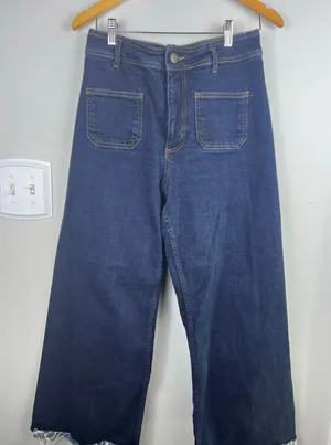 Zara Woman High Waist Wide Leg Crop Jeans Dark Indigo Raw Hem Rigid Denim Size 1 thumbnail 1