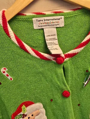 {L} Vintage Christmas Santa Claus Knit Sweater Cardigan Embroidered Embellished thumbnail 3