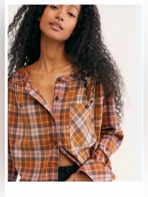 Free People Orange, Brown, and Pink Plaid Button-Down Shirt thumbnail 6
