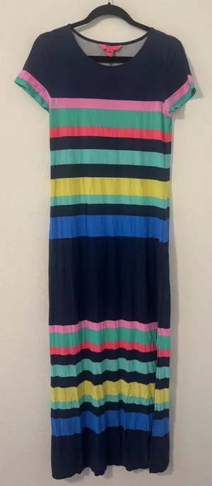 Lilly Pulitzer Tae Maxi Dress Blue Multi-Color Striped Front Slits Medium *Read* thumbnail 1