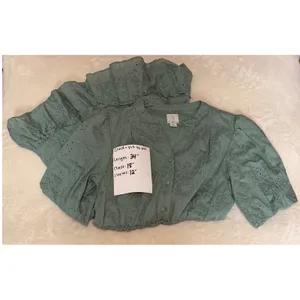 Joie Sage Green Eyelet Cotton Belted Mini Dress Puff Sleeve Ruffle Hem Size 2 thumbnail 4
