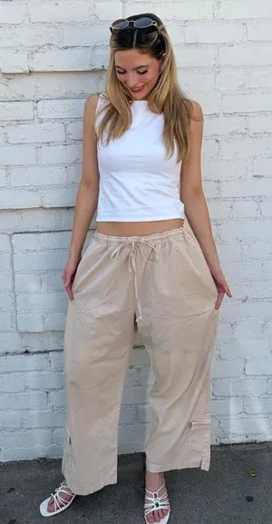 Vtg beige wide leg capri cargo pant drawstring waist sz XL thumbnail 1