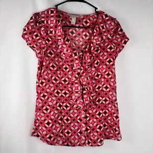 Banana Republic Ruffle Button Down Blouse XS Petite Geometric Print Semi-Sheer thumbnail 2