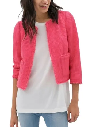 Zara Basic Cotton Tweed Jacket Frayed Fringe Pink Womens Size Medium NEW thumbnail 1
