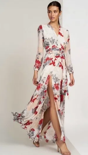 Anthropologie Hutch Giselle Floral Chiffon‎ Wrap Maxi Dress Red Jardin Sz Medium thumbnail 1