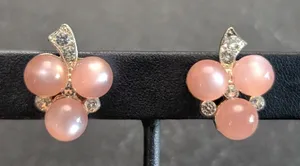 Vintage Screw On Earrings Pink Trio with Clear Gem Accents - Tarnished thumbnail 1