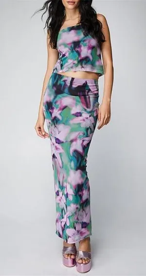 NWOT ~ Purple & Green Floral Sleeveless Off Shoulder Bandeau Crop Tube Top thumbnail 4