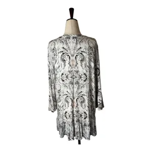 Tribal‎ Shirt Women Large Ivory Gray Floral Fleur Lace Up Neck Ruffle Hem Top thumbnail 2