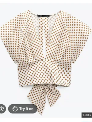 ZARA Linen Blend Polka Dot Crop Deep V Neck Tie Back Blouse Top White Mustard M thumbnail 2