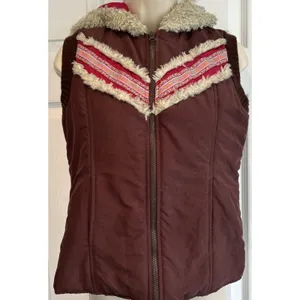 Free People Nordic‎ Southwest Boho Brown Puffer Vest Hooded Embroidered Womens M thumbnail 3