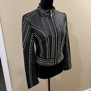 Genuine Leather Studded Crop Jacket Coat Blazer Cardigan Parka Slim Rhinestones thumbnail 7
