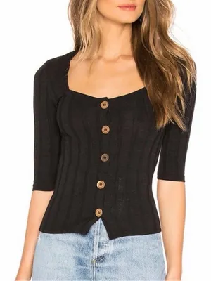 Free People Central Park Women's Black Ribbed Button-Front Top Size XS thumbnail 1