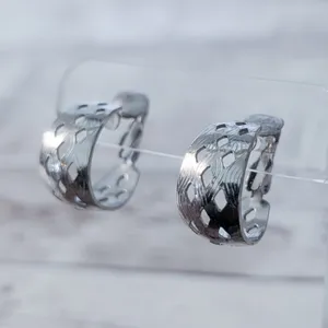 Vintage Clip On Earrings Silver Tone Cut Out Design Hoops with Pattern thumbnail 2