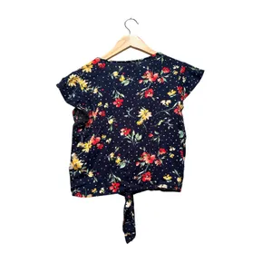 Bershka Navy Floral Polka Dot Tie‎ Front Top XS V-Neck Girly Summer Blouse thumbnail 2