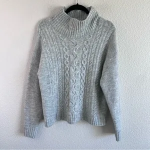 GAP Women's Forever Cozy‎ Cowl Neck Cable-Knit Sweater Heather Grey thumbnail 2