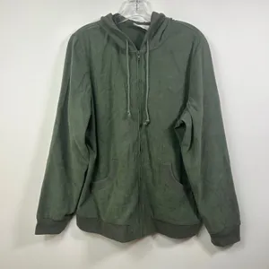 Denim & Co Olive Green Faux Suede Zip Hoodie and Pants Tracksuit Set Large thumbnail 2