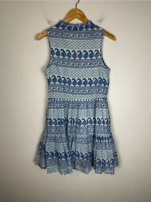Oliphant Blue White Block Print Tiered Cotton Mini Dress Sleeveless Ruffle Small thumbnail 8
