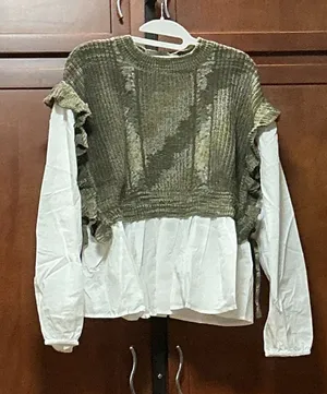 MIOU MUSE T5339 Olive Knit Ruffle Sweater White Blouse Top Size M NWT thumbnail 1