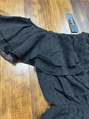 Lulus Frilled to Bits Black Swiss Dot Off-the-Shoulder Romper Size Small NWT thumbnail 10